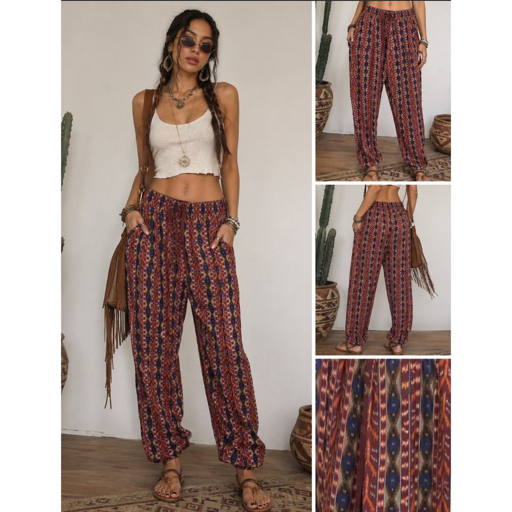 Rewash LA Boho Tribal Print Jogger Pants Womens S Red Festival Hippie Woodstock